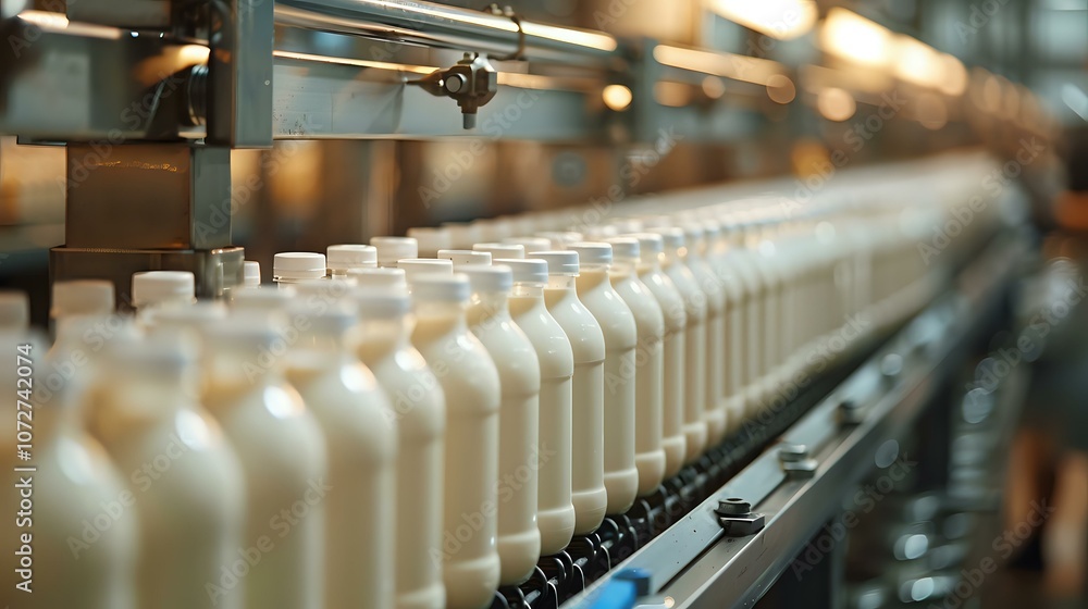 Poster milk bottles on an automated production line in a dairy factory, showcasing efficiency and industria