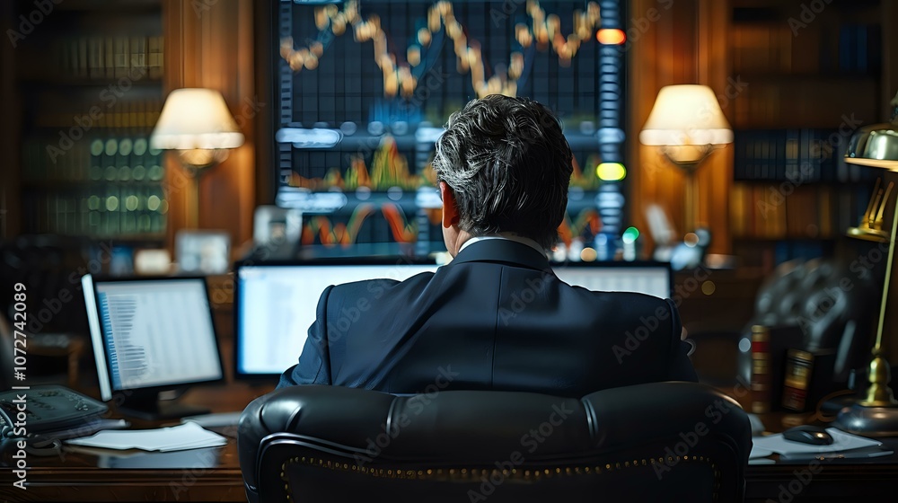 Aufkleber professional trader working late at night monitoring multiple screens with financial data and stock 