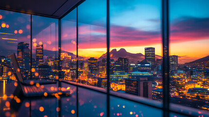 A laptop is on a desk in front of a window with a city view