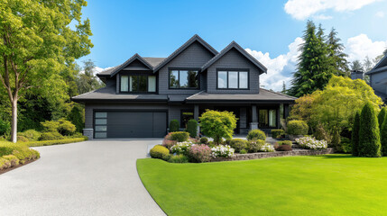 Modern Dark Exterior Home with Lush Landscaping, Ideal for Real Estate and Architecture Display