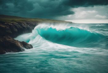Fototapeta premium Dramatic ocean waves under a stormy sky with dark clouds.