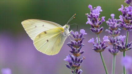 A white butterfly with yellow veins perched on a lavender flower with purple blossoms.
