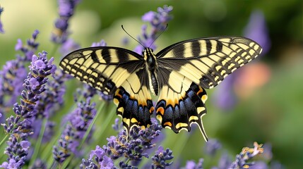 A yellow and black swallowtail butterfly with blue markings on its wings perches on purple lavender flowers.