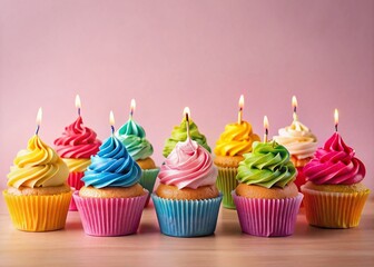 Festive Cupcakes with Colorful Candles on a Soft Pink Background for Celebrations and Parties