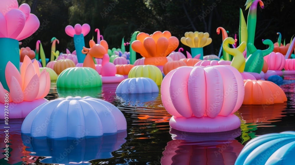 Poster a floating garden of inflatable sculptures in various shapes and sizes creates a peaceful and otherw