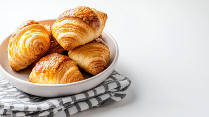 Freshly baked croissants arranged on plate, showcasing their flaky texture and golden brown color, perfect for breakfast or snack