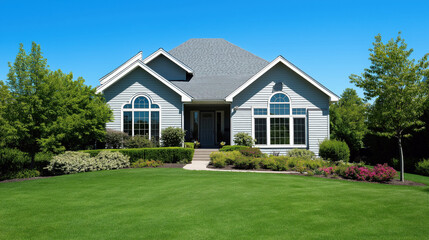 Obraz premium Classic Ranch Home with Manicured Lawn and Greenery, Suitable for Real Estate and Architectural Showcase