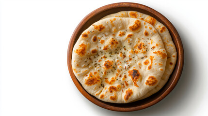 Freshly baked naan bread served in wooden bowl, showcasing its soft texture and golden brown spots, perfect for enjoying with various dishes