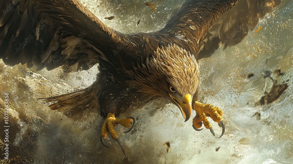 Poster a majestic eagle with sharp talons and a focused gaze dives towards its prey, creating a splash of w