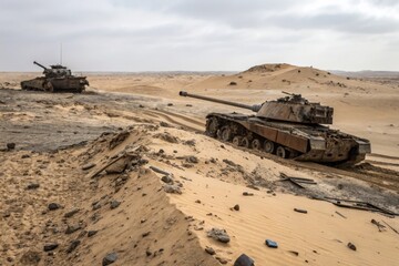 Tanks maneuvering through a sandy desert landscape during an overcast day in a conflict region