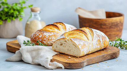 Freshly baked sourdough bread loaves on wooden cutting board, showcasing golden crust and soft interior. Perfect for any meal or gathering