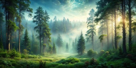 Obraz premium A mystical forest bathed in soft morning light, where sunbeams pierce through the fog and illuminate the emerald canopy of towering trees