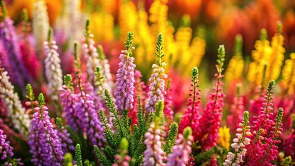 Background of a multicolored flowering heather plant tilted angle