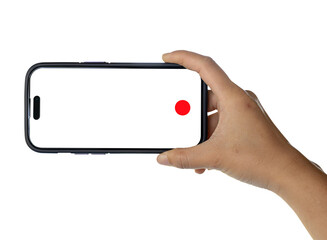 Female hand holding mobile phone for record media isolated on transparent background, PNG File