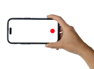 Female hand holding mobile phone for record media isolated on transparent background, PNG File