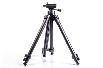 Black tripod isolated on white background with low angle perspective