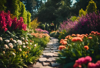 Fototapeta premium A picturesque garden path lined with vibrant flowers in full bloom, creating a colorful and inviting scene. The stone pathway leads through lush greenery, surrounded by various types of flowers.