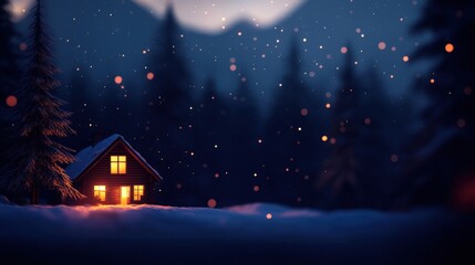Fototapeta premium Cozy cabin in snowy forest at night with glowing windows and peaceful ambiance.