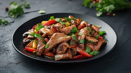 Fototapeta premium Savory Stir-fried Meat with Colorful Vegetables