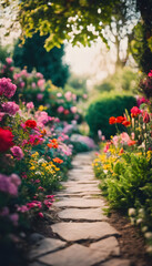Fototapeta premium A picturesque garden path lined with vibrant flowers in full bloom, creating a colorful and inviting scene. The stone pathway leads through lush greenery, surrounded by various types of flowers.