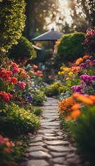 A picturesque garden path lined with vibrant flowers in full bloom, creating a colorful and inviting scene. The stone pathway leads through lush greenery, surrounded by various types of flowers.