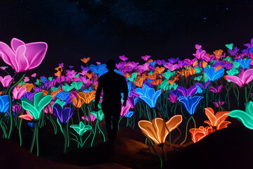 a man walks through a field of glowing neon flowers, each radiating a different vibrant color, including pink, blue, green, and orange