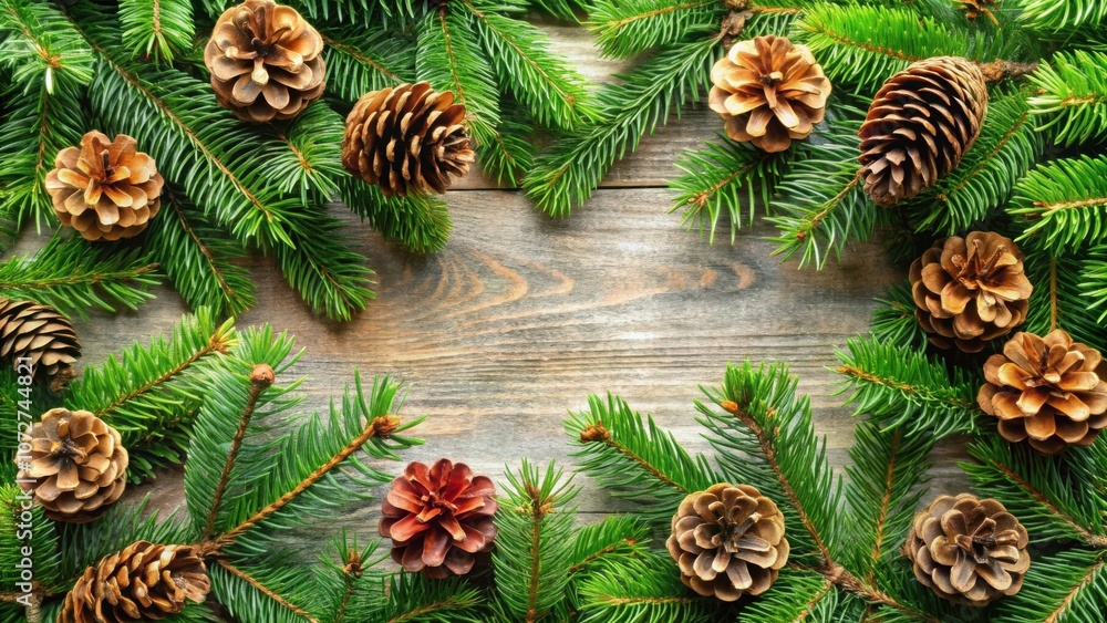 Poster a festive backdrop with pine branches and cones arranged around a wooden surface, offering a natural