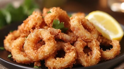 Crispy Fried Calamari with Lemon Wedge on Platter
