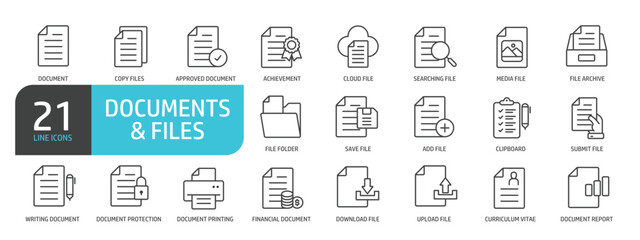 Set of line icons related to document, file, archive, paper. Outline icons collection. Editable stroke. Vector illustration.