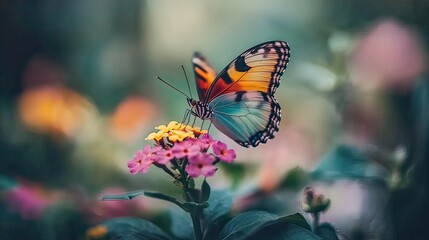 Obraz premium A colorful butterfly with wings spread wide, perched on a pink flower with yellow accents, in a lush green garden.