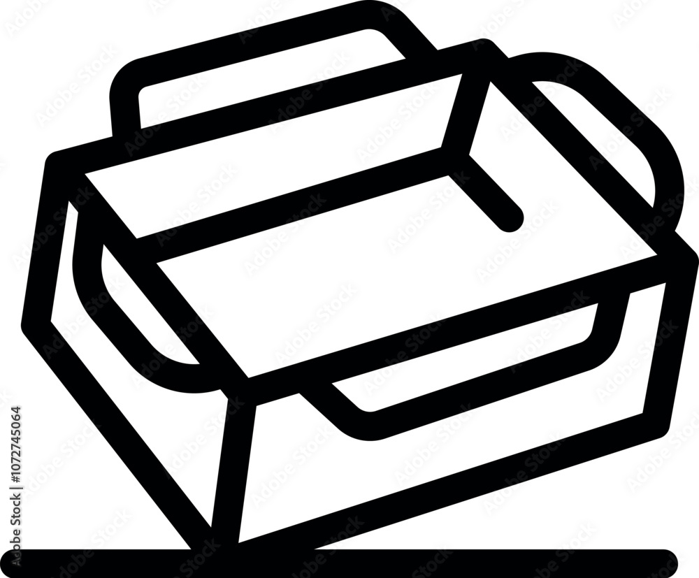 Poster simple tilted open empty cardboard box with handles lying on surface, minimalist outline icon
