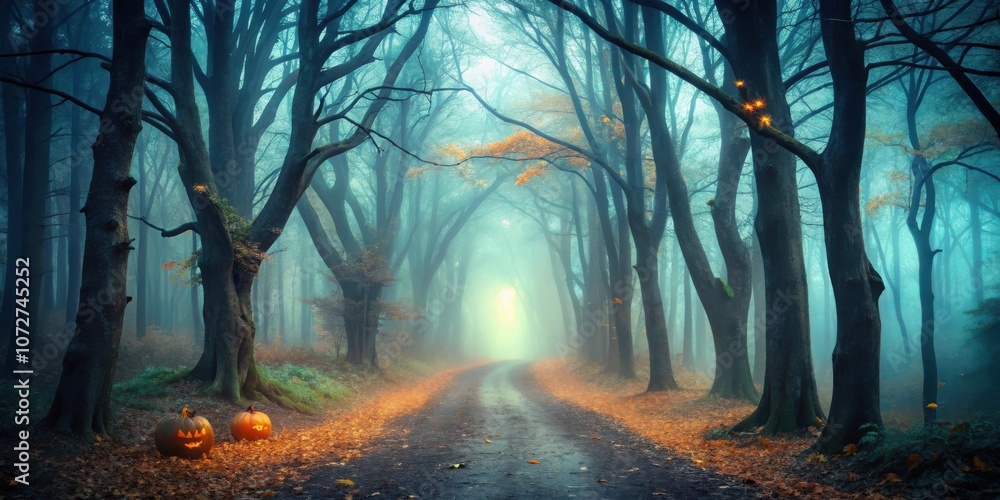 Poster a winding path through a misty forest, illuminated by the glow of carved pumpkins, creates a hauntin