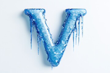 Frosty blue letter V with ice crystals and dripping frost on a pure white background, ideal for branding