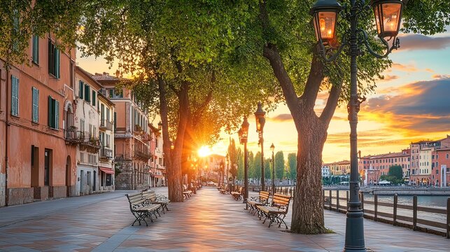 Fototapeta Sun rises over a picturesque waterfront promenade lined with benches and street lamps.