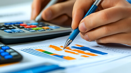 A person is writing with a blue pen on a piece of paper with a calculator