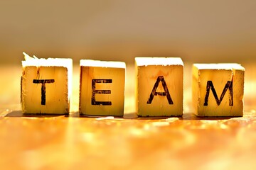 Wooden blocks spelling out the word "Team" on a rustic surface, symbolizing teamwork, collaboration, and unity. Ideal for themes of business, community, and group dynamics.