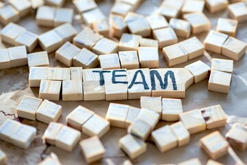 Wooden letter tiles spelling out TEAM word among scattered blank cubes, business teamwork and leadership concept perfect for presentations and corporate designs.