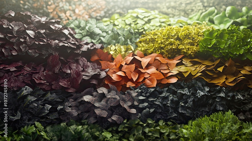 Poster a vibrant array of green, red, orange, and yellow leaves arranged in a semi-circle pattern with a so