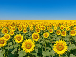 Fototapeta premium a vast field of bright yellow sunflowers stretches endlessly under a cloudless blue sky. the sunlight reflects off the golden petals