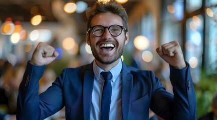 delighted businessman in a blue suit celebrating with raised fists, symbolizing success, achievement, and enthusiasm in the workplace. Ideal for themes of business growth, motivation