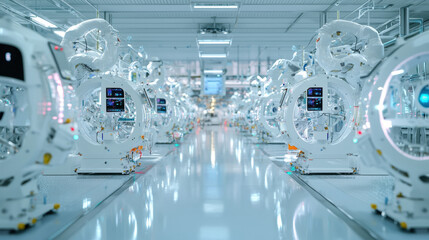 A futuristic laboratory featuring advanced robotic machines in a clean, high-tech environment with bright lighting and a spacious layout.