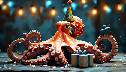 Obraz premium Playful octopus celebrates with gifts and party hat in a festive underwater scene