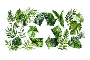 Watercolor-style illustration of a recycling symbol surrounded by lush green leaves, symbolizing sustainability, eco-friendliness, and environmental conservation. Ideal for themes of recycling, green
