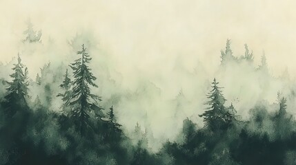 Watercolor painting of a misty forest with tall pine trees silhouetted against a pale yellow sky.