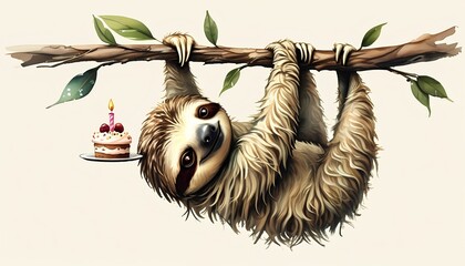 Obraz premium Sloth joyfully celebrates with a delicious birthday cake and candle on a tree branch