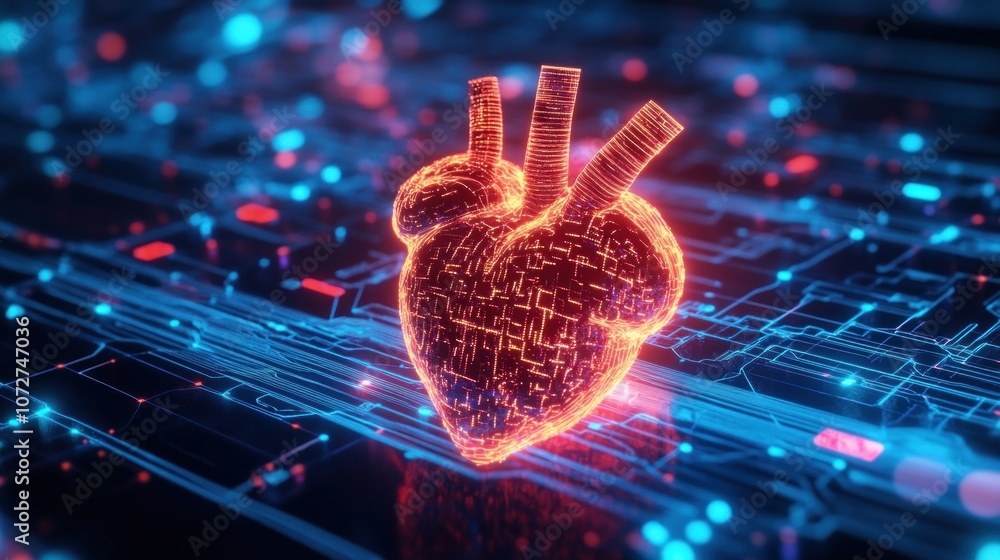 Poster digital human heart on computer circuit board background. 3d rendering - generated ai