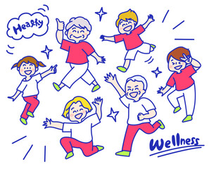 子どもからお年寄りまで元気に踊っている健康的な家族（赤白の服）