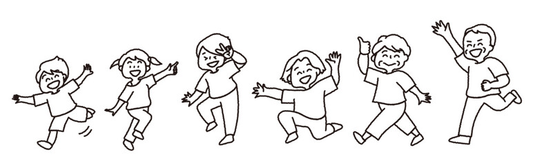 子どもからお年寄りまで元気に踊っている健康的な家族（線画・白塗り）
