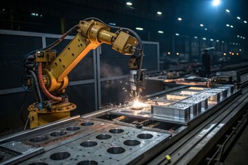 Automated welding process in a modern manufacturing facility during nighttime operations