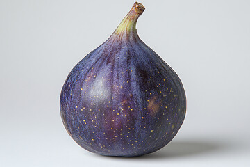 A fig with smooth purple skin, against a white background.